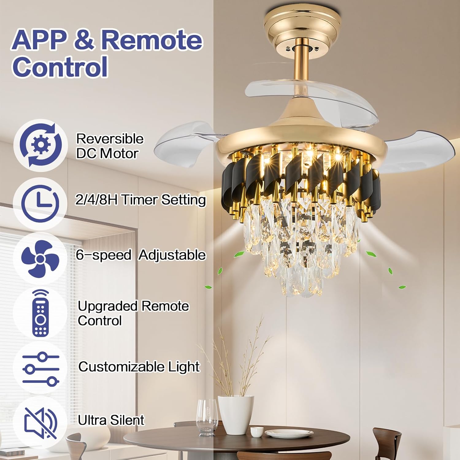 30 Inch Retractable Blade Dimmable Fandelier Ceiling Fan with Light, Crystal Chandelier Ceiling Fan with APP/Remote Control, 6-Speed, Quietness, Reversible for Bedroom, Living Room, Gold