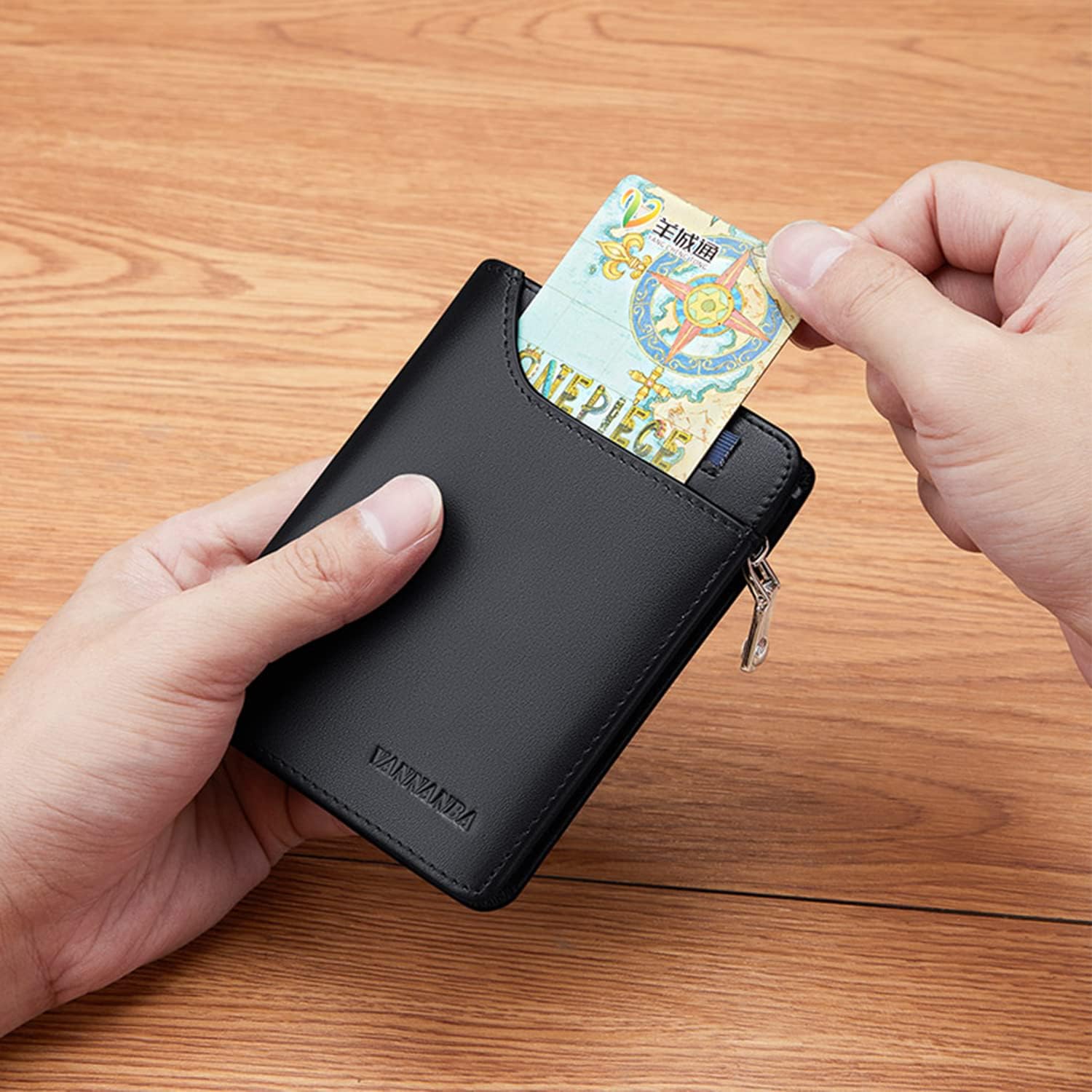 VANNANBA Small Wallet with Zipper Genuine Leather RFID Blocking Credit Card Wallet with Coin Pocket Bifold Wallets, Gift for Men(Black) - Image 5