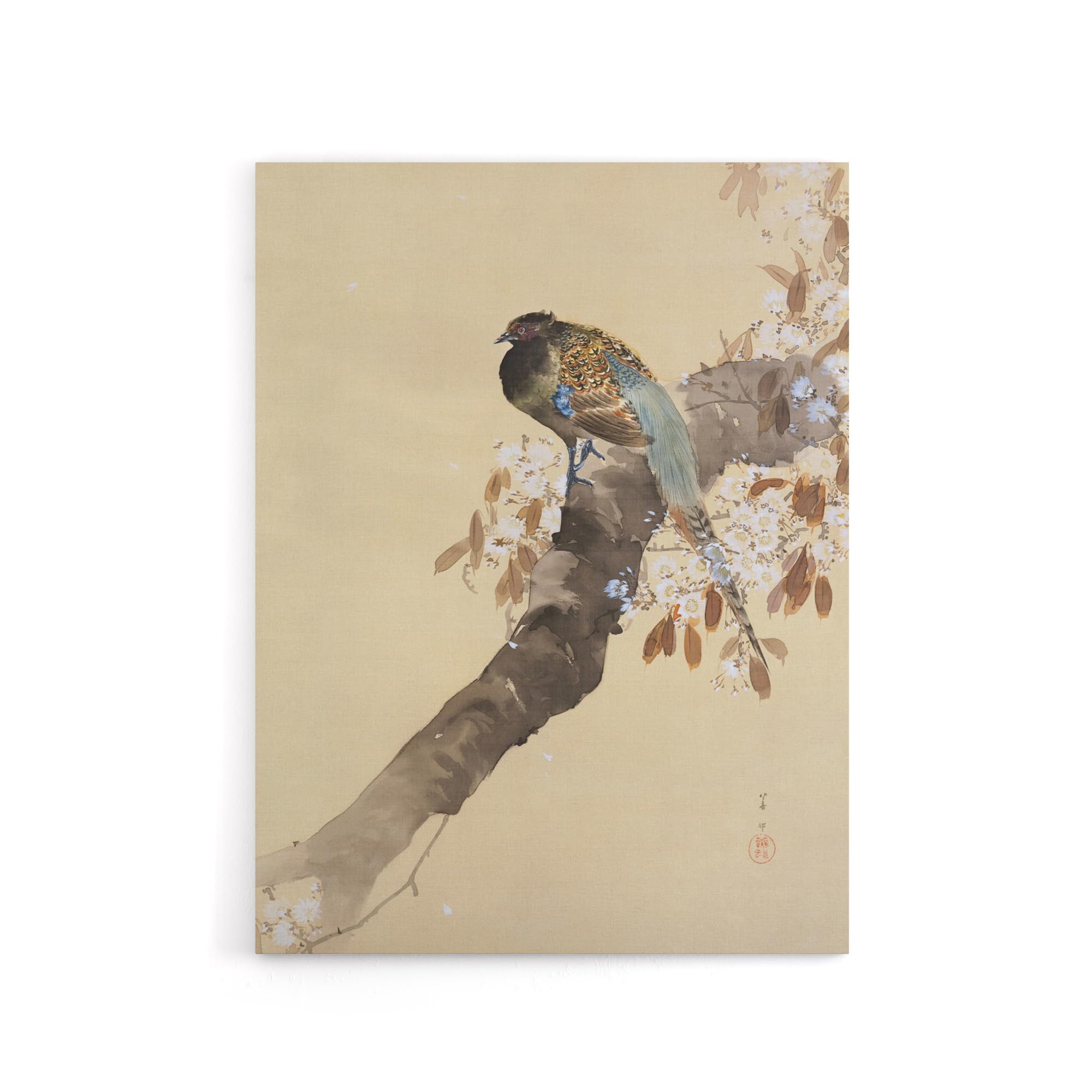 Artery8 Canvas Wall Art - Pheasant on Cherry Blossom Branch Print - W12" x H16" - Beige