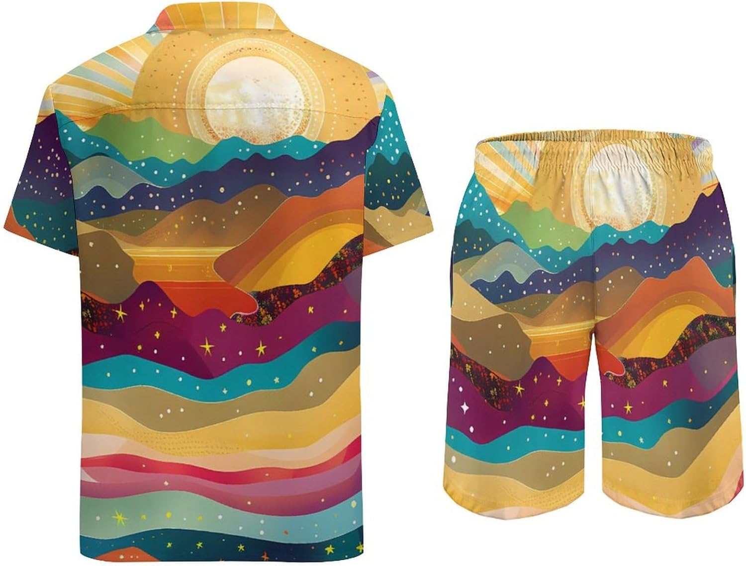 Psychedelic Landscape with Mountains Sun Men's Summer Beach Outfits Shirt And Shorts Set 2 Piece Vacation Swimwear