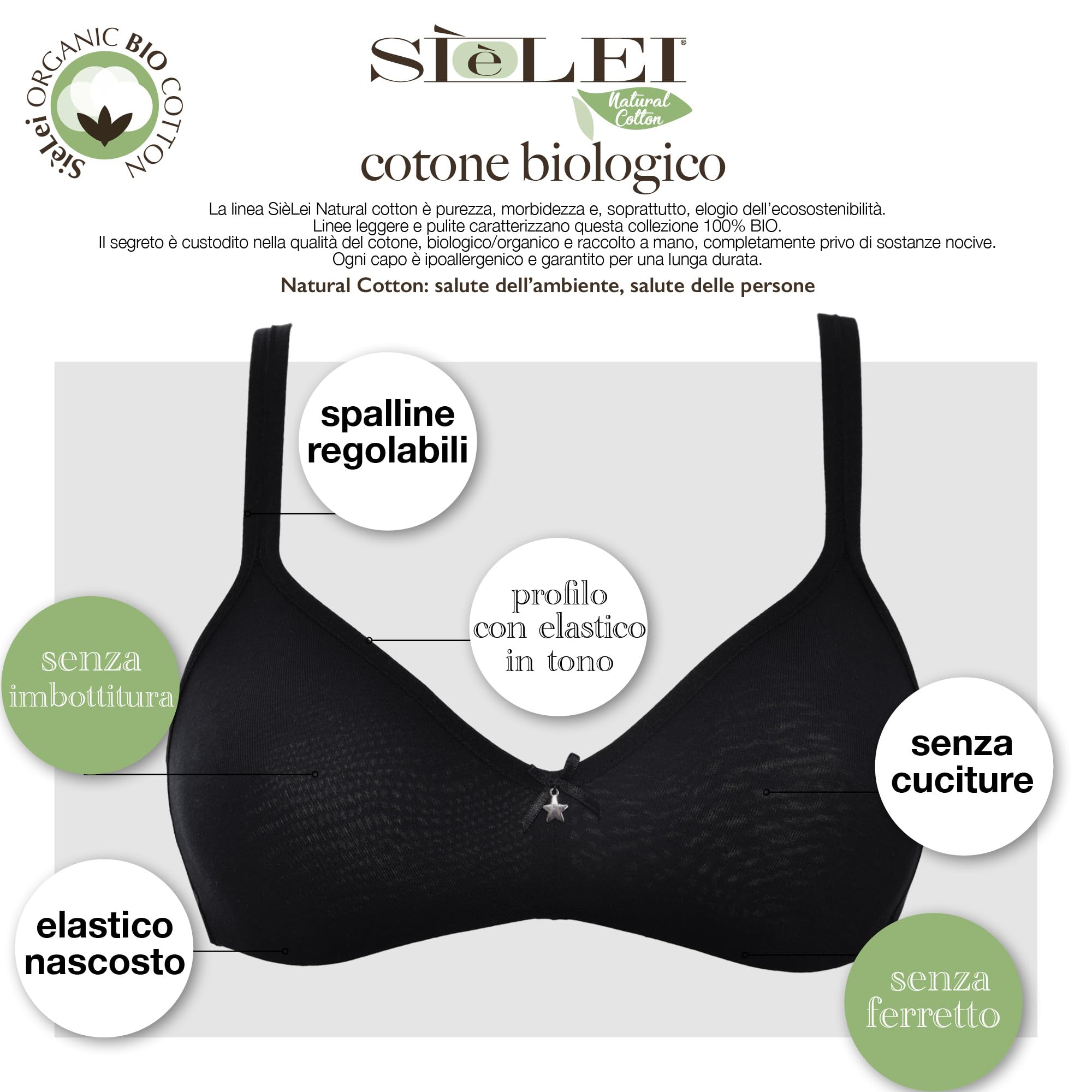SÌèLEI, Reggiseno Senza Imbottitura e Senza Ferretto, Realizzato in Cotone Biologico, 100% Naturale, Designed in Italy
