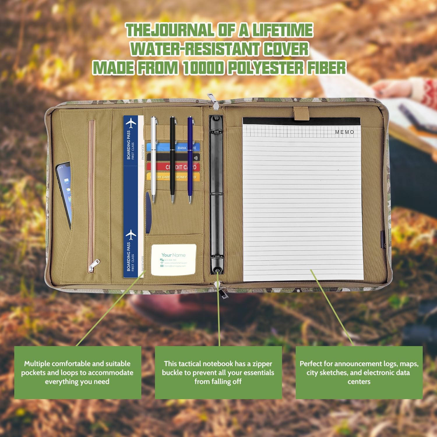 Tactical Padfolio Portfolio Binder, Army Military Padfolio Ring Binder with Zippered and 25 Sheets of Letter Size Paper, Tactical Notebook for A4 Folder, Detachable 3-Ring Binder (A4,13.8X 12Inch)