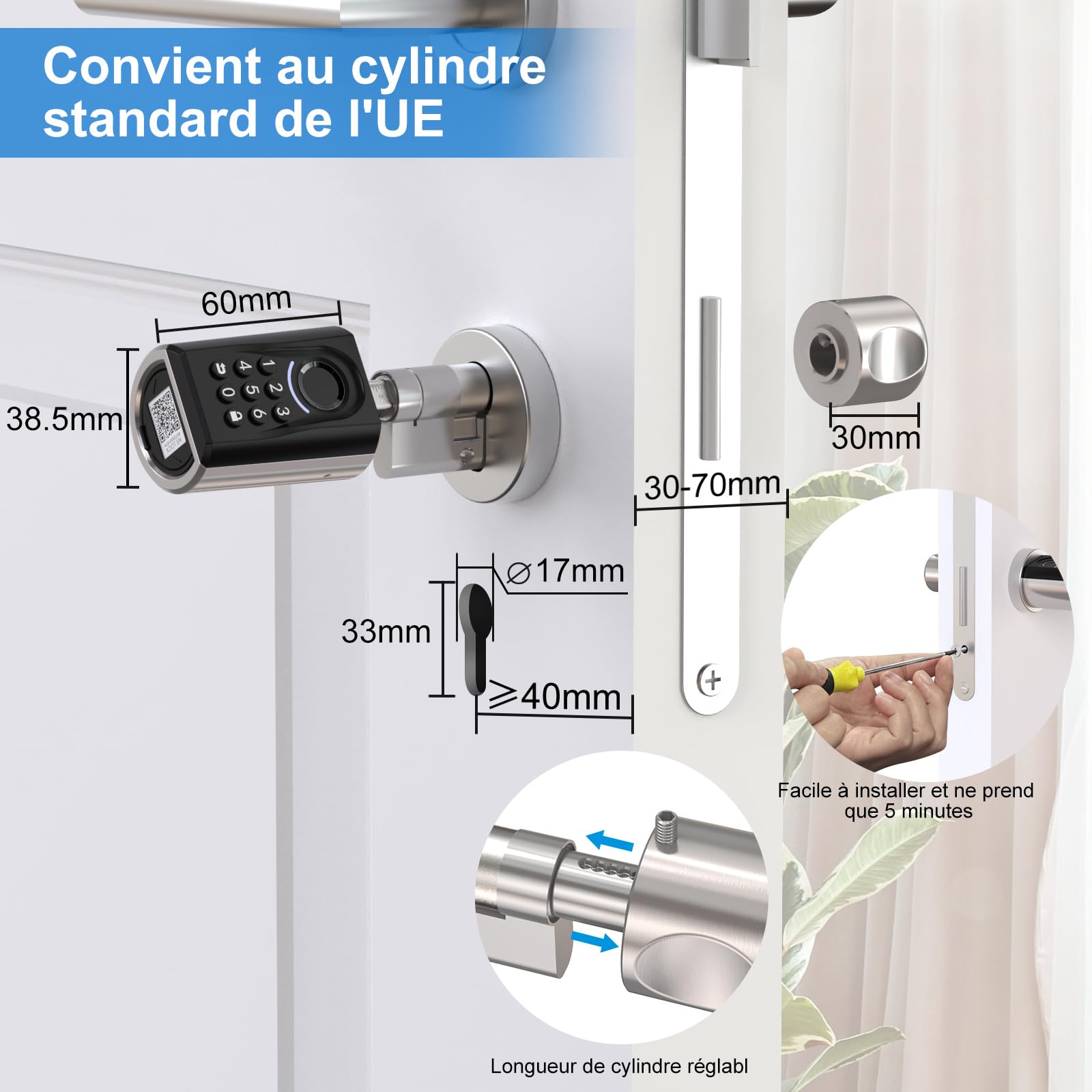 RUILON ToucA51 Serrure connectée à code 30x30 - Cylindre empreinte digitale | Serrure biometrique IP65 avec 3 cartes RFID, portes 30-75 mm, Facile à installer, Maison Chambre, Clavier rétroéclairé