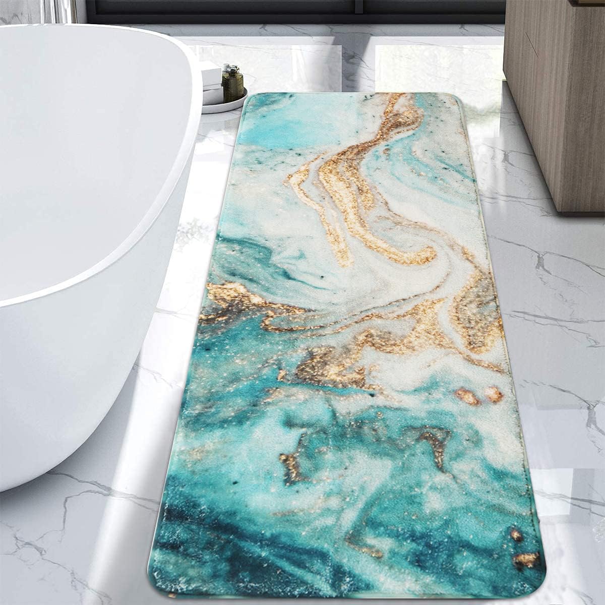 Uphome Extra Long Bath Rugs Luxury Turquoise Marble Bathroom Runner Rugs Ultra Soft Microfiber Velvet Bath Mat Non-Slip Washable Floor Carpet for Kitchen Bathtub Shower Accessories 24x71