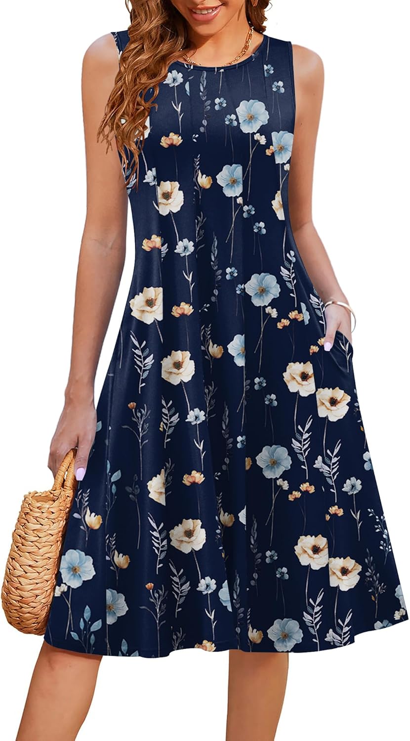 HOTOUCH Summer Casual Dresses for Women Sleeveless Midi Dress Swing Tank Sundress Pleated Tshirt Dress with Pockets - Image 2