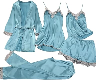 Minetom Damen Schlafanzug 3-teilig - Pyjama Set Mit Bademantel & Shorts Winter