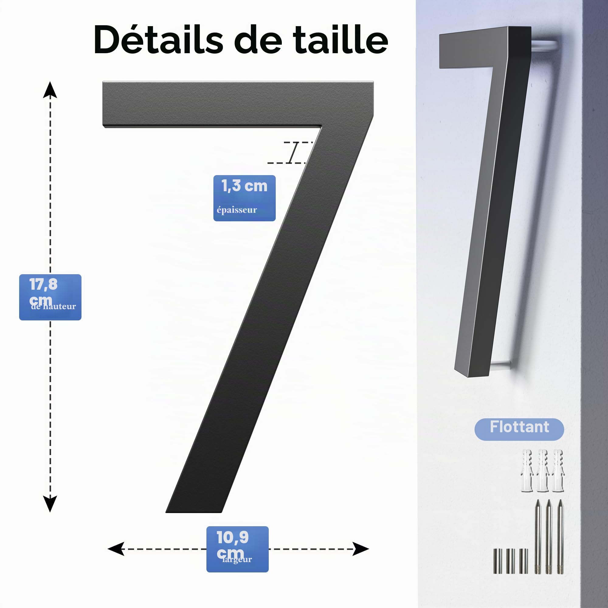 Numéro de Maison Chiffre Moderne Extérieur 17,50cm, Plaque Numéro de Noir Rue Metal Personnaliséeo de maison et Numéro de Boite aux Lettres pour Maison Appartement Hôtel Porte