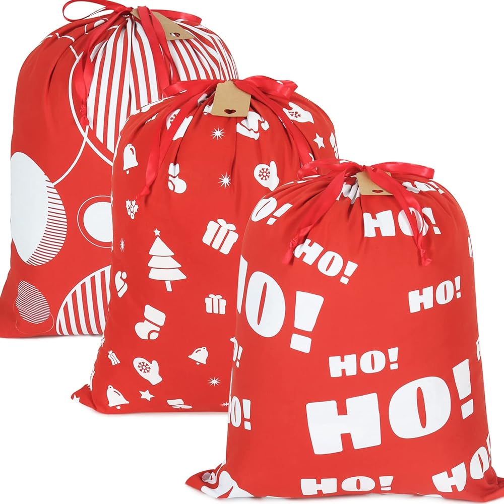 HRX Package Fabric Drawstring Gift Bags 20x16 inch, 100% Cotton 3pcs Reusable Christmas Wrapping Sacks Cloth Pouches for Xmas Presents Party Favor