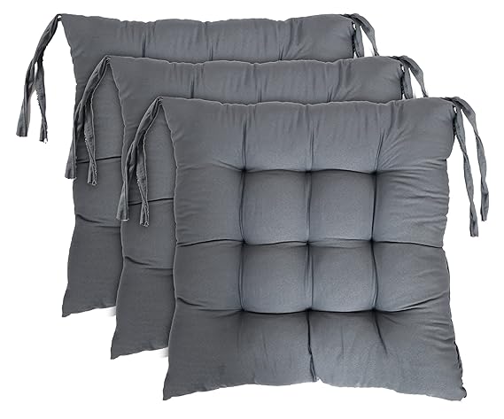 Kuber Industries Microfiber Square Chair Pad Seat Cushion for Car Pad, Office Chair, Indoor/Outdoor, Dining Living Room, Kitchen with Ties-Pack of 3, 18 * 18 Inch (Grey)