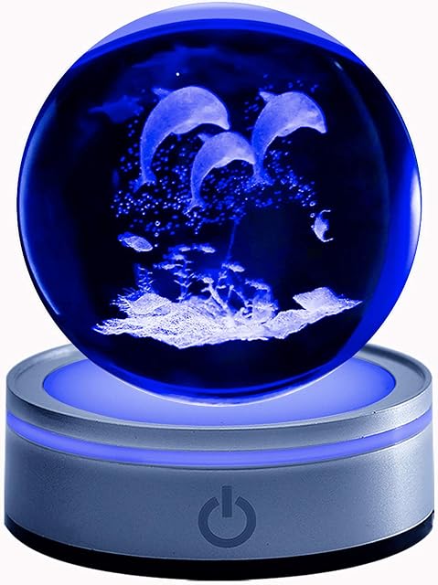 Zoneball Dolphin Crystal Ball Ornaments - 80mm 3D Laser Engraved Glass Ball Lamp with Changeable Colorful Light, Nice Birthday for Kids and Friends, Decent Ornament in Home and Office