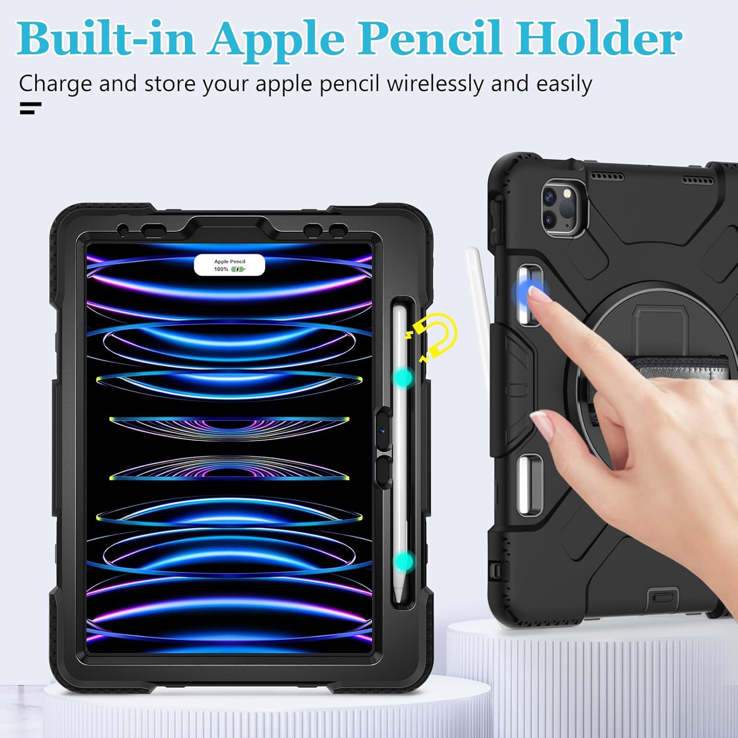 Case for iPad Pro 11 Inch (2022/2021/ 2020/2018): Silicone Cover for iPad 11 (4th/ 3rd/ 2nd/ 1st) Generation with Screen Protector- Stand- Handle- Shoulder Strap- Pencil Holder- Black - Image 8