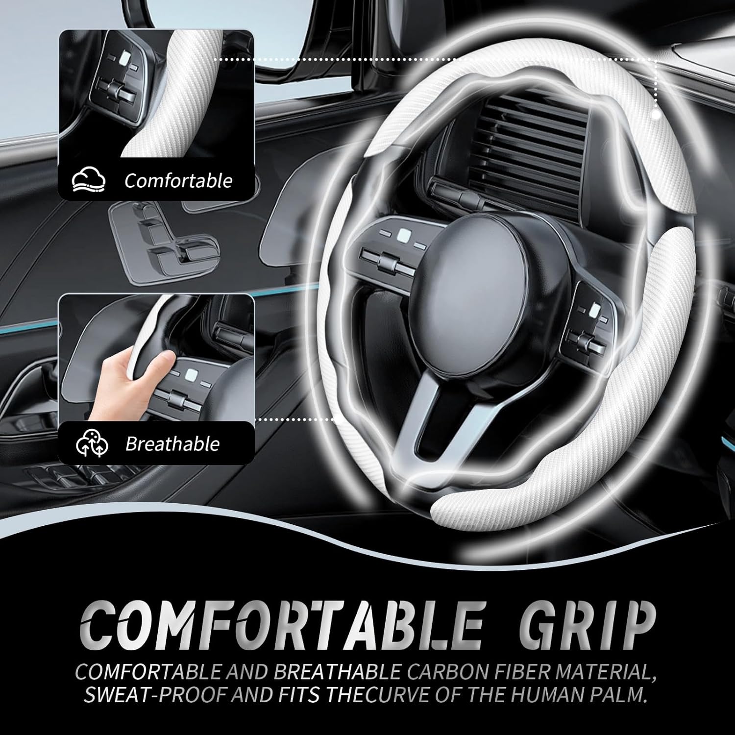 WOCOCN 3pcs Car Steering Wheel Cover,Anti-Skid Carbon Fiber Steering Wheel Protector for Men Women,Multiple Color Options,Universal for Most Car Interiors Accessories (White 3PCS)