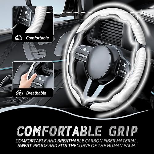 Vista 32 de WOCOCN 2 fundas para volante de automóvil, protector antideslizante de fibra de carbono para hombres y mujeres, múltiples opciones de color, Beige