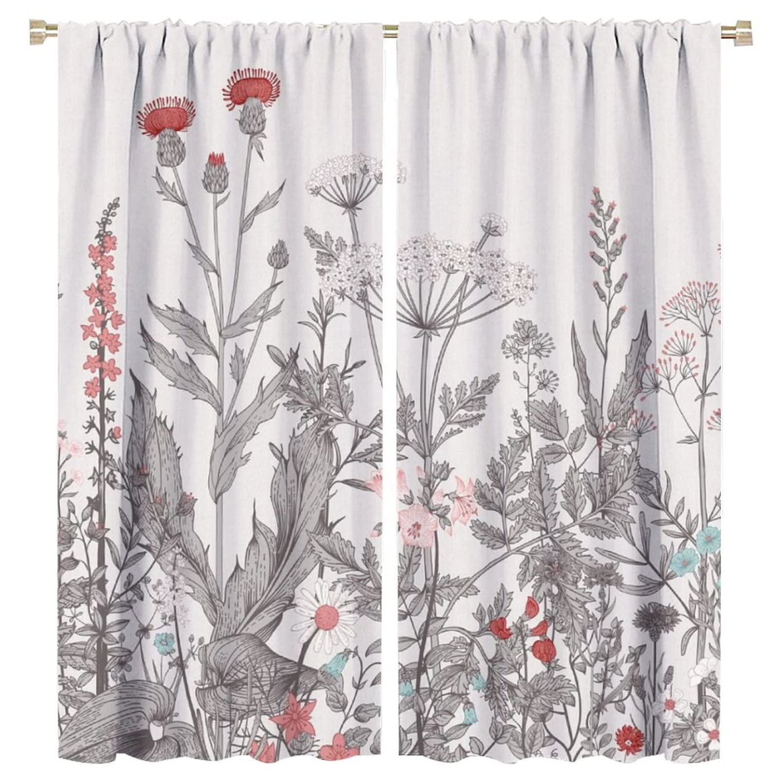 Rustic Flower Curtains Green Leaf Vintage Floral Colorful Plant Herbs Women Wildflower Blossom Botan for Bedroom Living Room Studio Dorm Curtain Window Curtain 2 Panels 63x72in