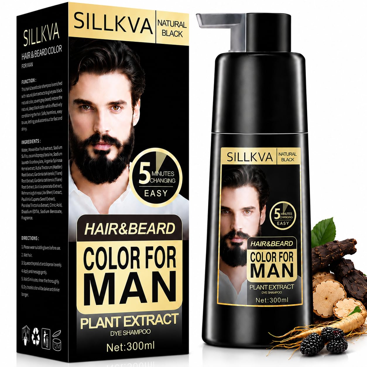 Black Men's Beard & Mustache Dye Shampoo,3-in-1 Gray Hair Coverage
