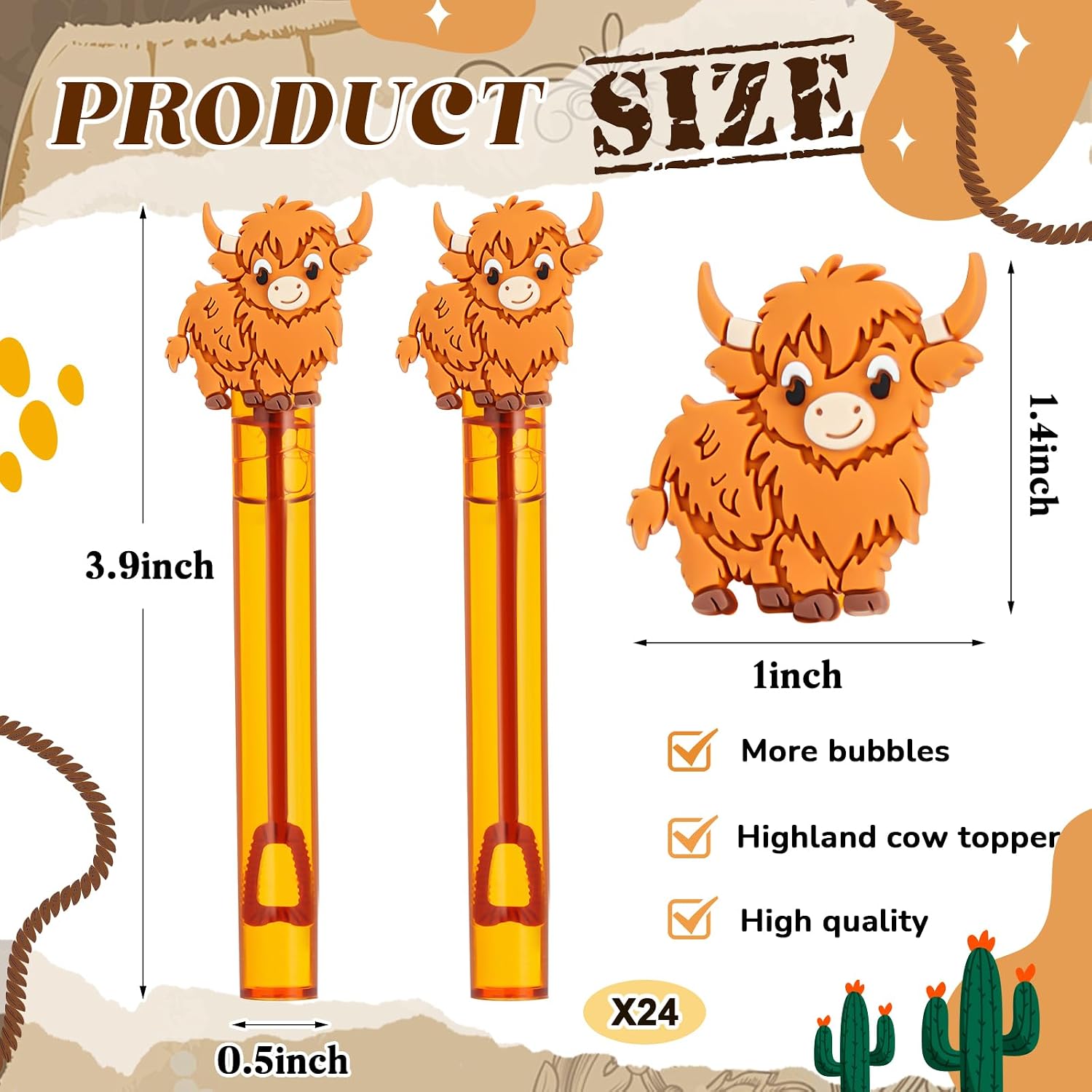 24 Pcs Highland Cow Bubbles Wands Bulk Highland Cow Party Favors Mini Bubble Wands for Baby Shower Animal Birthday Themed Party Favor Gift Bag Stuffers