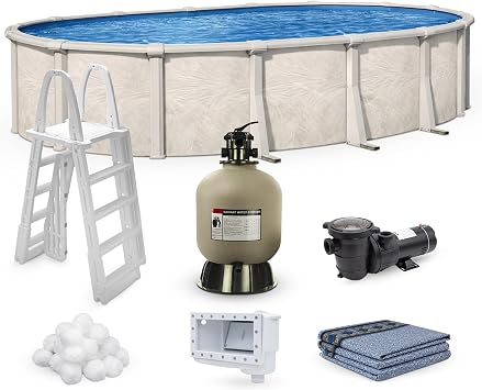 Fallston 15 ft x 30 ft Oval Above Ground Swimming Pool Kit | 52 Inch Steel Walls | Bundle Includes 25 Gauge Liner, A-Frame Ladder, Sand Filter System with Pump & Skimmer