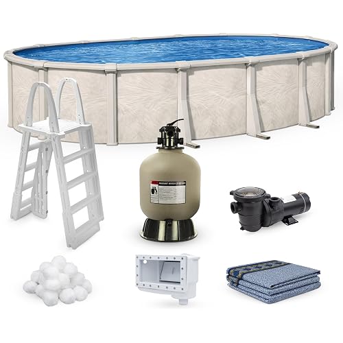 Lake Effect Pools 'Fallston' 18 ft x 33 ft Oval Above Ground Swimming Pool Bundle | 52 Inch Height | Steel Sided Walls | Kit Includes: 25 Gauge Liner, A-Frame Ladder, Sand Filter/Pump, & Skimmer