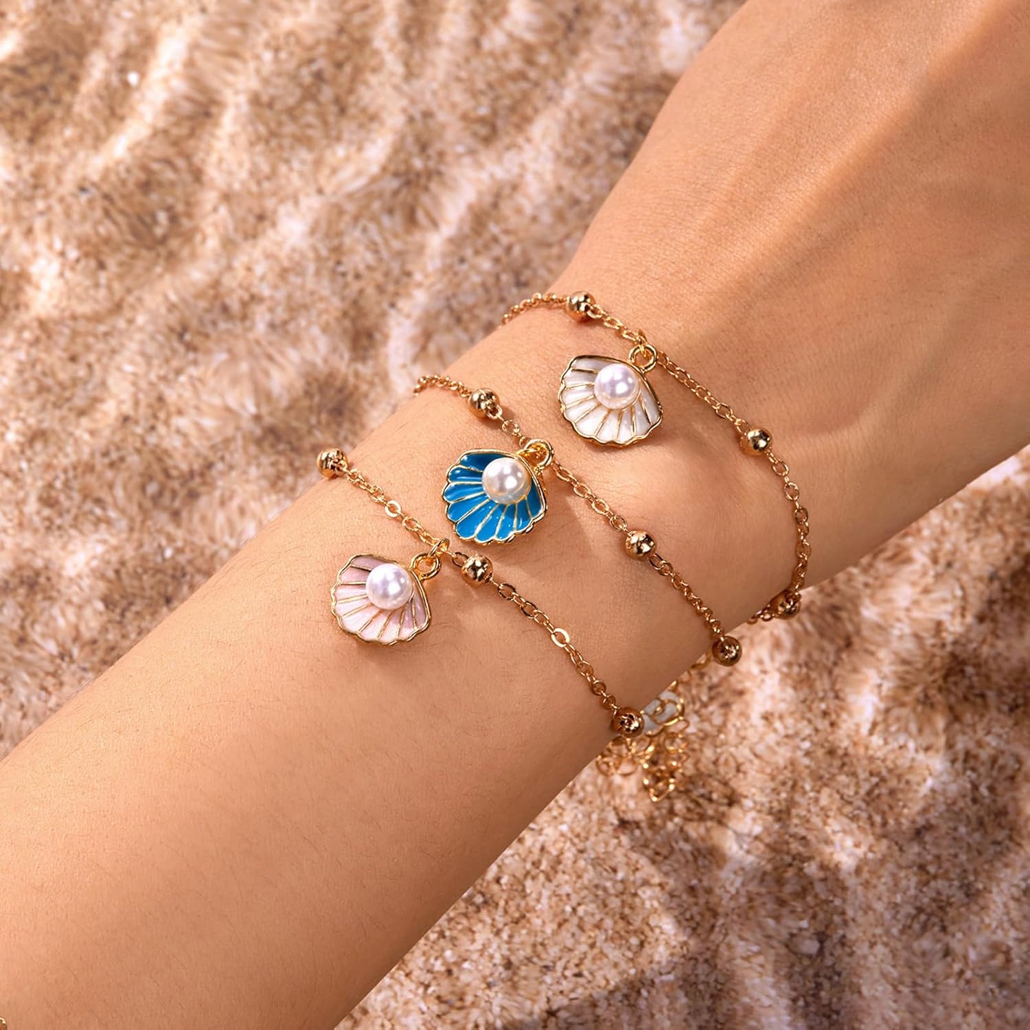 3Pcs Seashell Pearl Bracelet for Women Gold Plated Seashell Pearl Bracelets Beachy Holiday Jewelry - Image 2