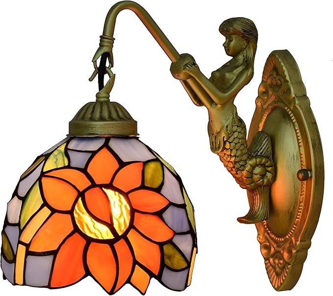 PAZWAHF Vintage Zonnebloem Patroon TiffanyStyle Wandkandelaar Lamp,6 Inch Glazen Spiegel Front Lichtpunt Slaapkamer Naast Wandlamp Met Zeemeermin Lamp Arm