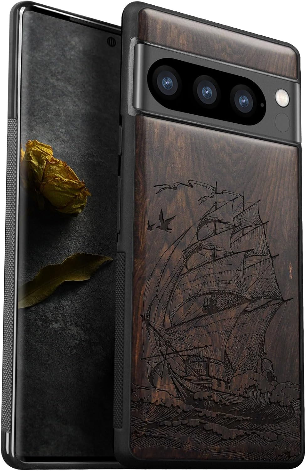 Carveit Wood Case for Pixel 8 Pro Case [Natural Wood & Black Soft TPU] Shockproof Protective Unique Wooden Cover Compatible with Google Pixel 8 Pro (Sailboats-Walnut)