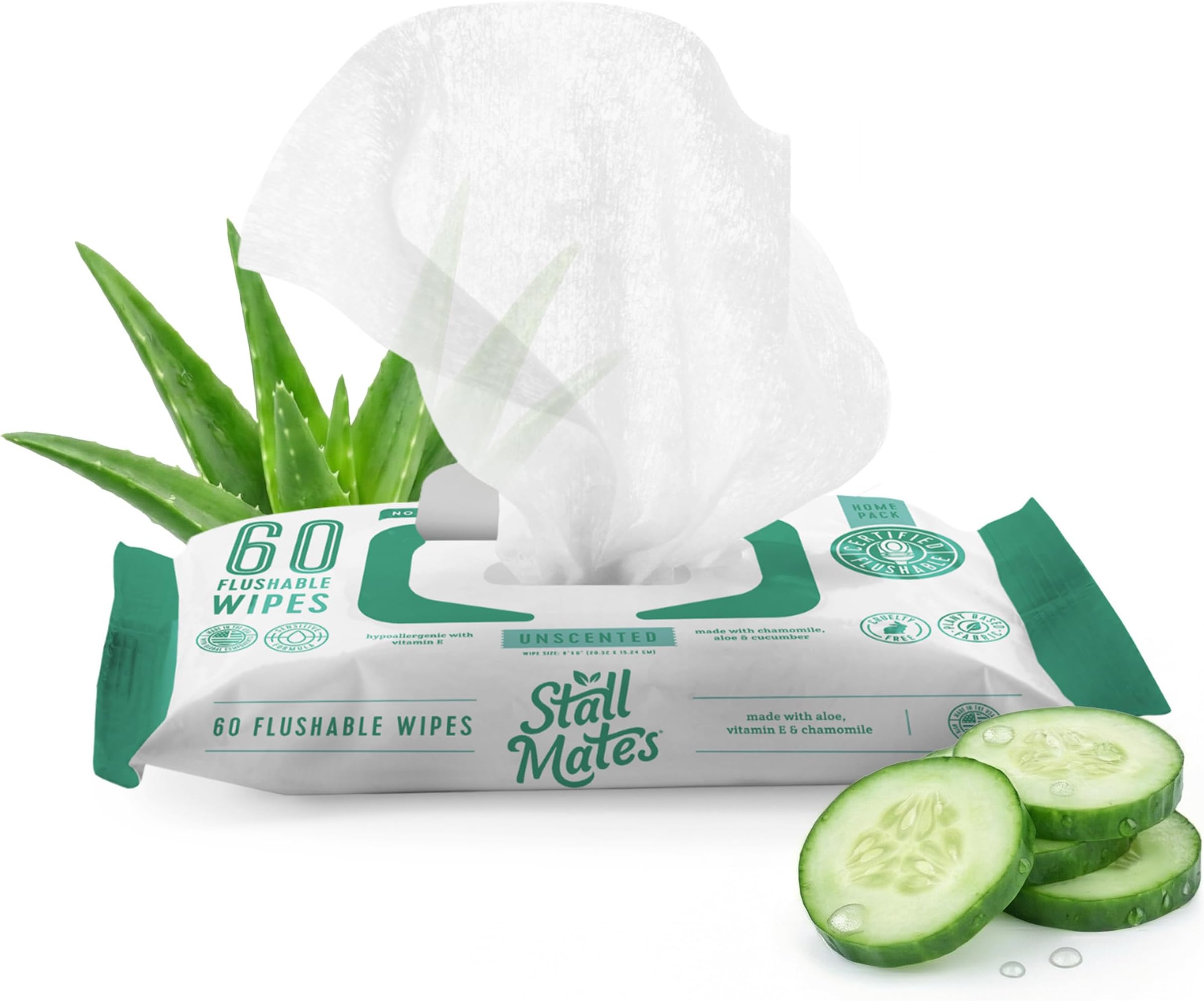 Stall Mates 60-Wipe Home Pack: Flushable, Hypoallergenic Moist Wipes, Unscented with Cucumber, Vitamin-E & Aloe