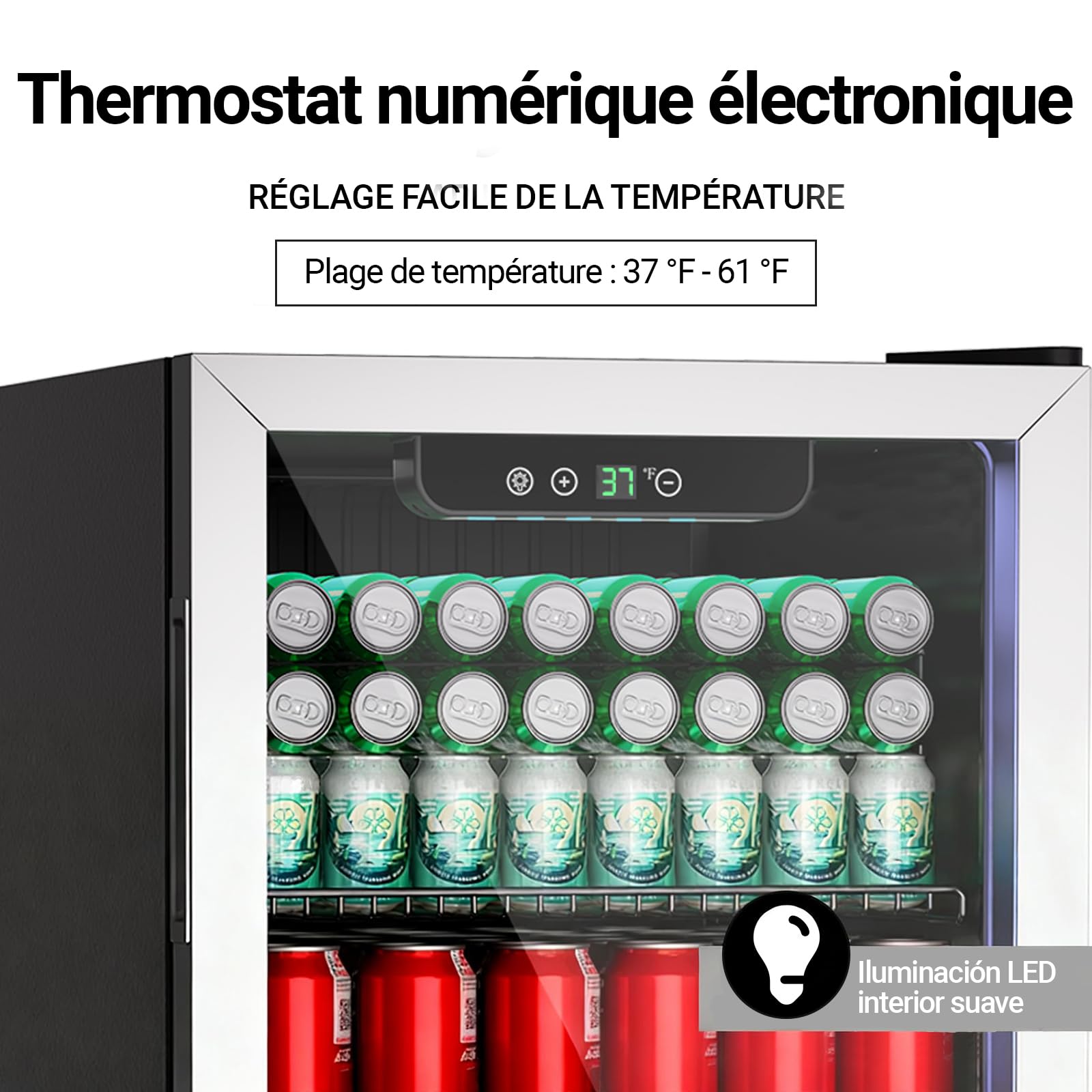 Mini-Réfrigérateur 80L, Réfrigérateur Autonome pour Boissons de 115 Canettes avec Porte transparent, Réfrigérateur Sous le Comptoir avec Étages Réglables et Affichage Numérique (Argent) - 5