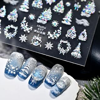 Christmas Nail Stickers for Nail Art Silver Nail Decals with Design Christmas Tree Nail Art Stickers 5D Embossed Self Adhesive Snowflakes Nails Charms for Women Girls Xmas Manicure DIY Decoration