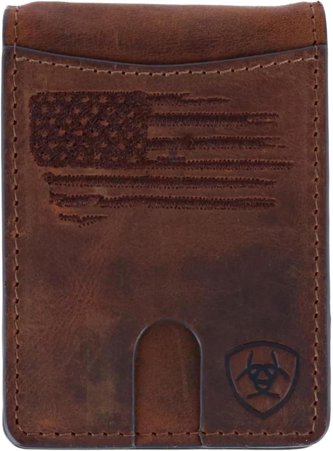 ARIAT Men's Wallet, Brown Genuine Leather, Money Clip Style, Distressed USA Flag, Shield Logo, Card Slots, ID Window