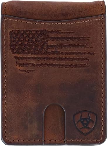 ARIAT Billetera para hombres, cuero genuino marrón, estilo clip para dinero, bandera de EE. UU. desgastada, logotipo de escudo, ranuras para