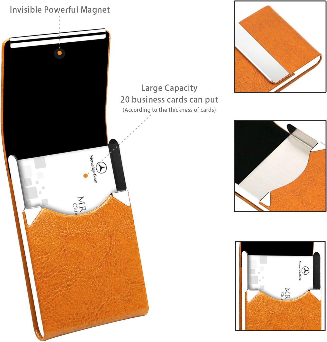 Padike Professional Business Card Holder PU Leather Business Card Case Name Card Holder Slim Metal Pocket Card Holder with Magnetic Shut (Z-Orange) - Image 5