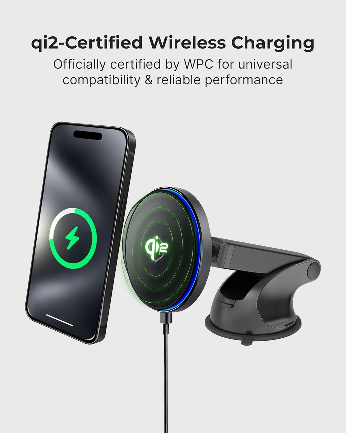 Mag Switch Qi2 Mag Safe Wireless Telescopic Suction Cup Mount, 15W Fast Charger with a Built in on/Off Switch for Smarter Charging, Strong N52 Magnets, Compatible with iPhone 12-17