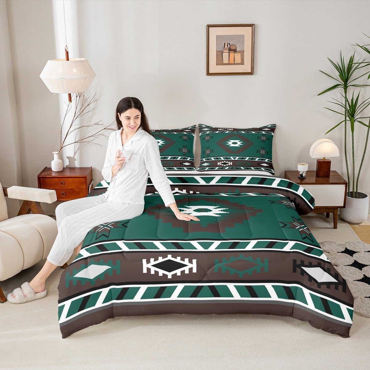 Erosebridal Rustic Western Bedding Set Queen Size Vintage Tribal Comforter for Teens Exotic Ethnic Indian Quilt Bed Set Farmhouse Southwestern Room Decor Duvet Insert with 2 Pillow Cases,Jade Green - Image 4