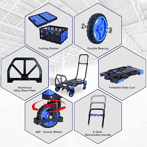 Miniatura 4 de Carro de mano 2 en 1 plegable con cesta, carretilla de mano plegable con mango retráctil, capacidad de 330 libras, carrito de mano plegable con