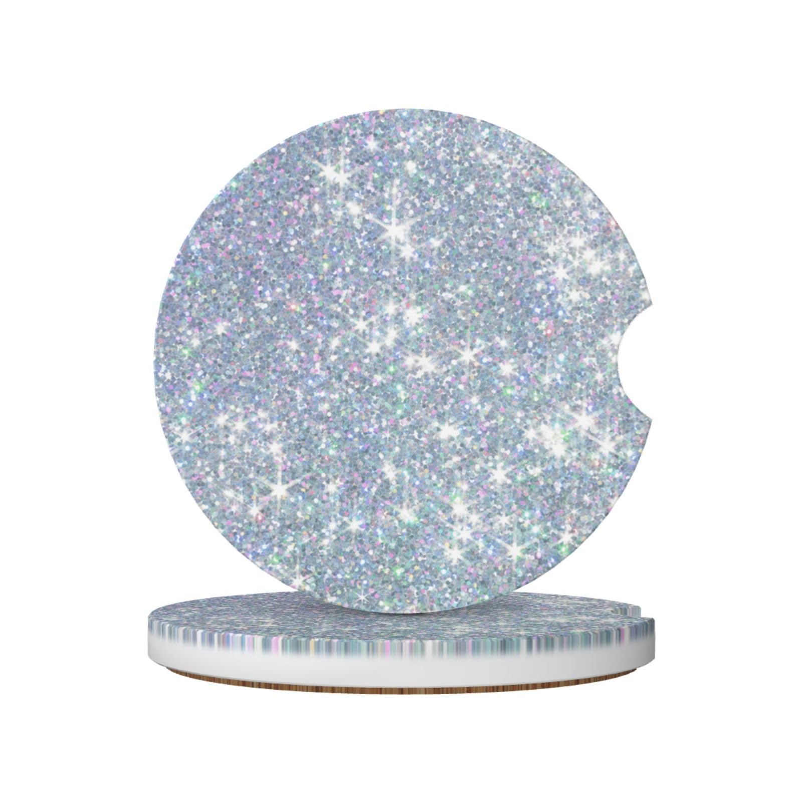 Bling Silver Printed Glitter, Car Cup Holder Coasters 2 Pack, Absorbent Ceramic Car Coasters with Non Slip Cork Base