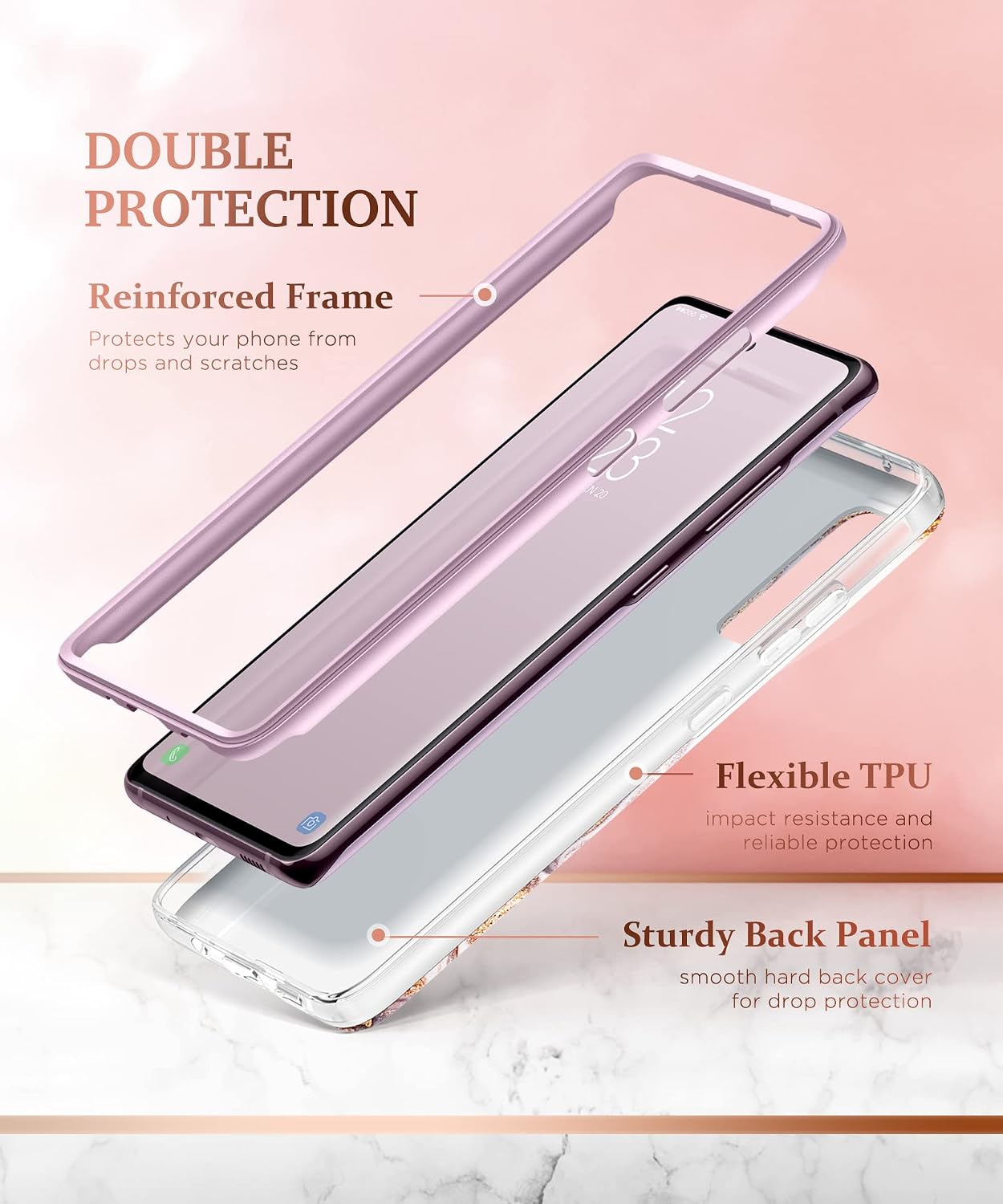 GVIEWIN Designed for Samsung Galaxy S20 FE Case with Tempered Glass Screen Protector, Military Grade Passing 21ft Drop Test, Marble Shockproof Durable Protective Phone Cover Case(Burgundy/Gold)