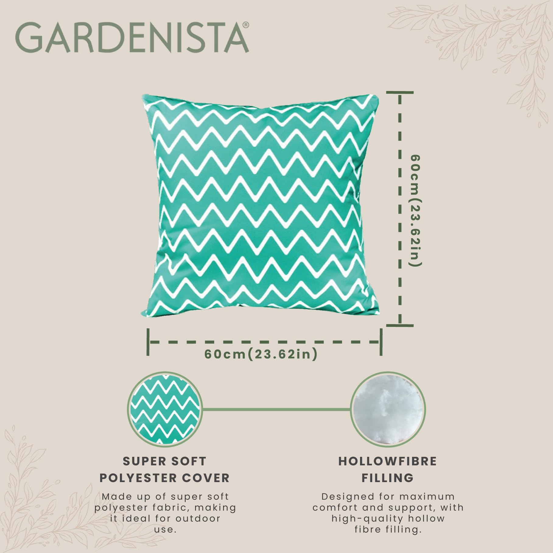 Gardenista Cuscino decorativo per esterni, resistente all'acqua, per interni e giardino, con stampa, morbido e confortevole, imbottito in fibra cava, durevole e facile da pulire (verde, 60 x 60 cm)