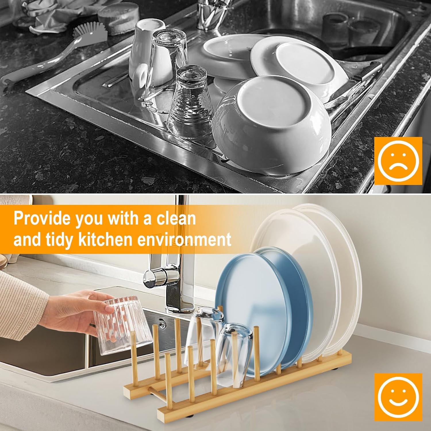 Bamboo Dish Drying Rack for Kitchen Organizer-Sturdy Plate Rack Organizer with Natural Bamboo,Dish Rack Holds Plates, Bowls, Cups & Cutting Boards-Dish Drying Rack for Countertop & Cabinets - Image 2