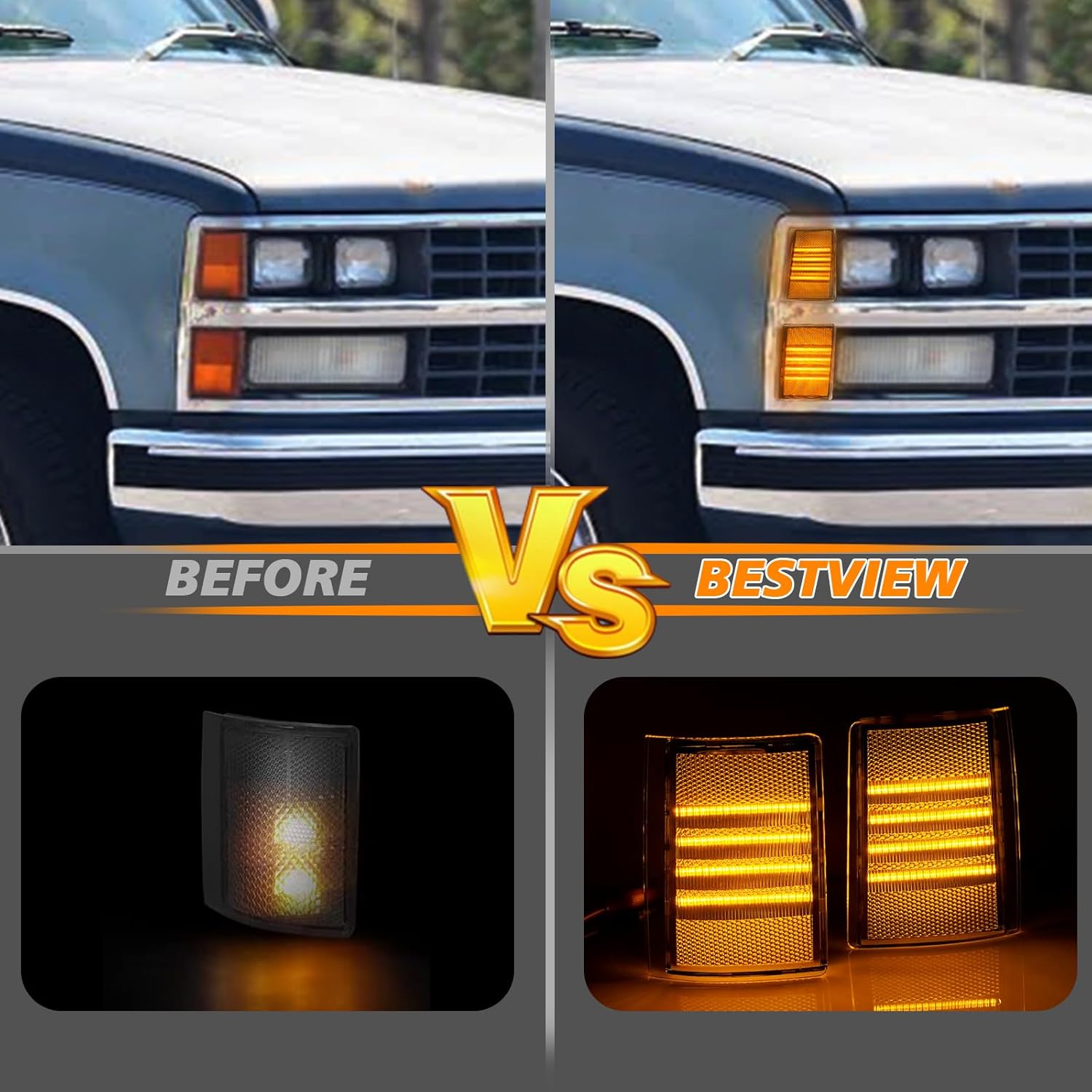 Bestview Sequential Amber LED Front Corner Side Marker Turn Light for 1988-1993 Chevy C1500 C2500 C3500 K1500 K2500 K3500 Pickup Truck Front Uper & Lower Grill Lights, 4PCS (Clear Len)