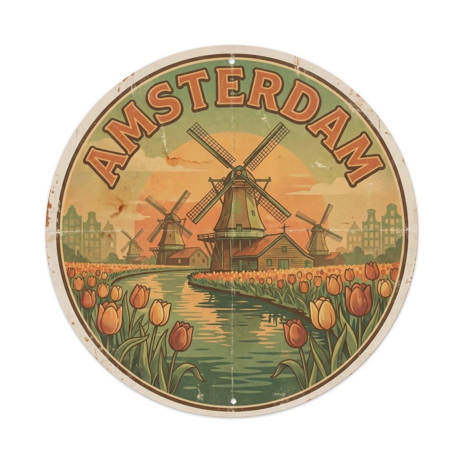 Vintage Travel Amsterdam Windmill Canal 1 Metal Tin Sign Plaque