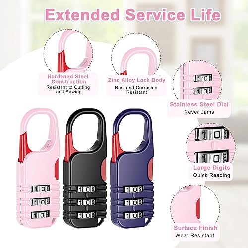 Miniatura 4 de Juego de 3 cerraduras pequeñas de combinación de 3 dígitos para gimnasio, casillero, impermeable, para mochila, diario, cremallera, negro, azul, rosa