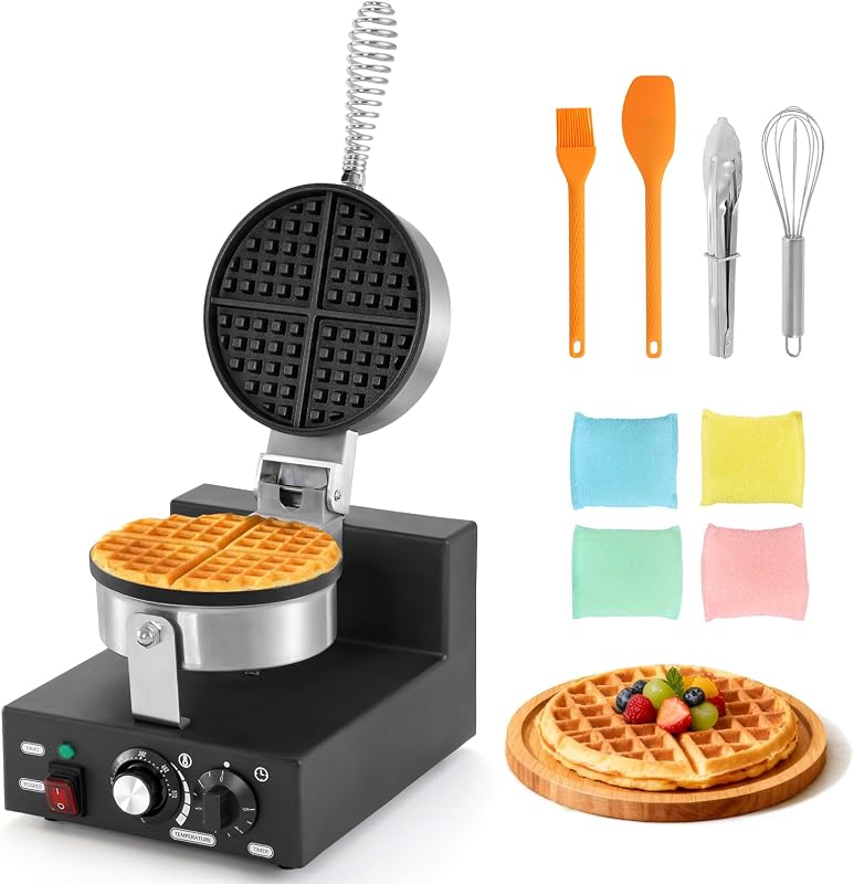 Waffle Maker Plancha para gofres redonda comercial para restaurante | Gofrera eléctrica antiadherente de 1200W, máquina para hacer gofres comercial, gofrera clásica con cuerpo de plástico, temperatura ajustable de 122℉-572℉