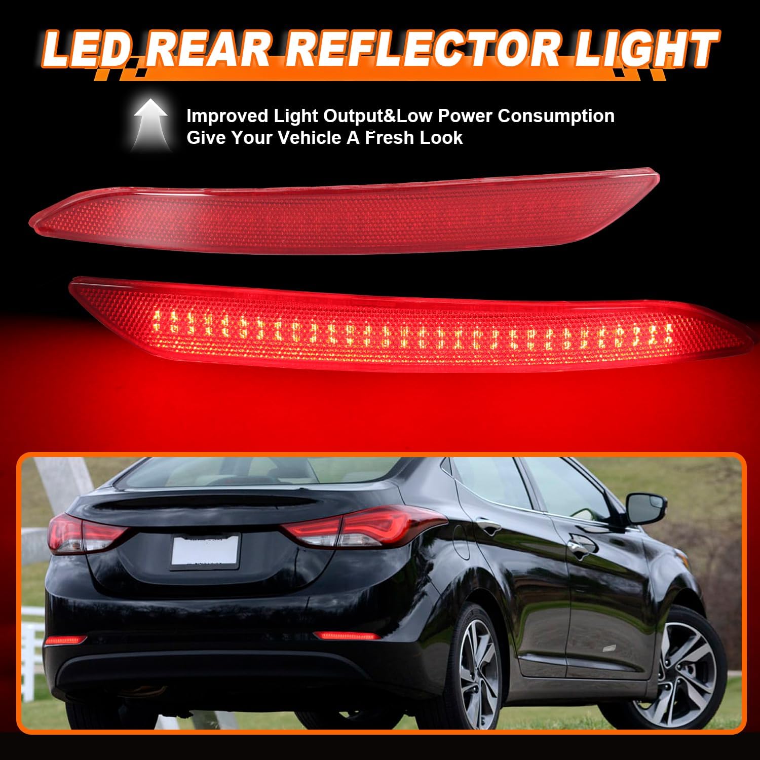 Red LED Rear Bumper Lights Reflector Lamp for Hyundai Elantra 2014 2015 2016 -Replacement Rear Reflector Trim, Function as Daytime Running Light DRL & Turn Signal Light & Brake Light