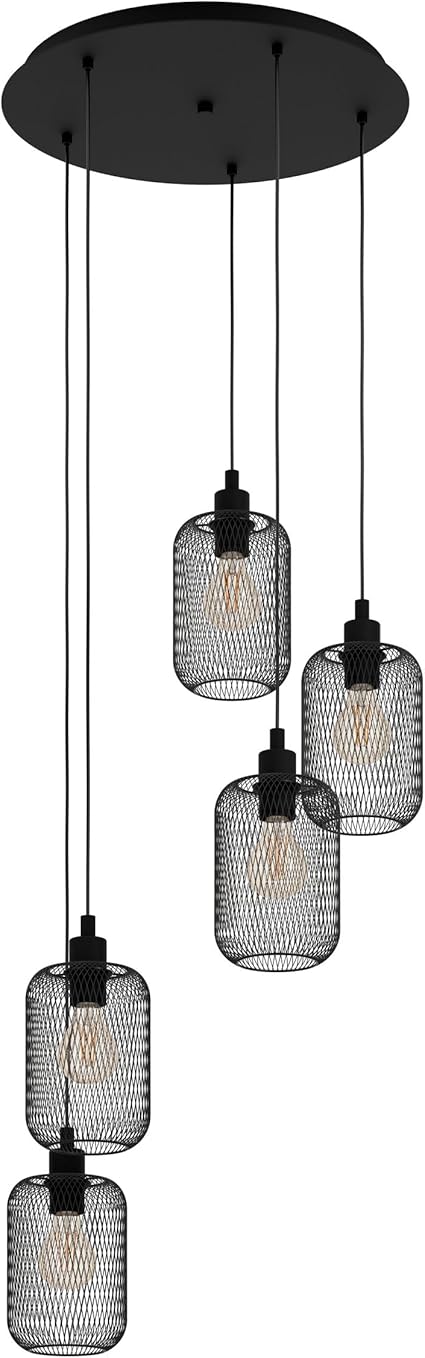 Eglo Eglo Hanglamp Wrington, 5-lamps, vintage, industrieel, retro, hanglamp van staal, eettafellamp, woonkamerlamp in zwart, E27 fitting, Ø 54 cm