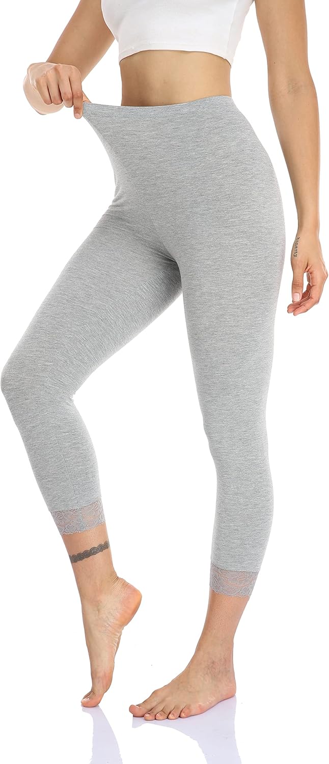 Women's Lace Trim Leggings 3/4 Length Capri Stretchy High Waist Yoga Cropped Leggings Lightweight Tights - Image 3