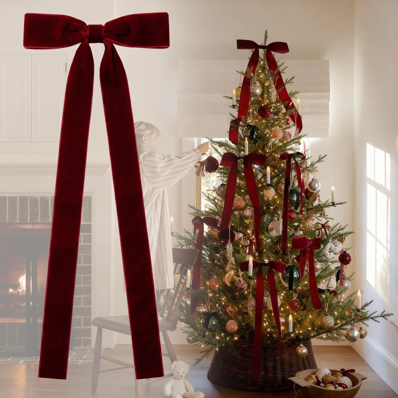 6 Burgundy/Dark Red Velvet Christmas Bows Ornaments for Tree Wreath Mantle