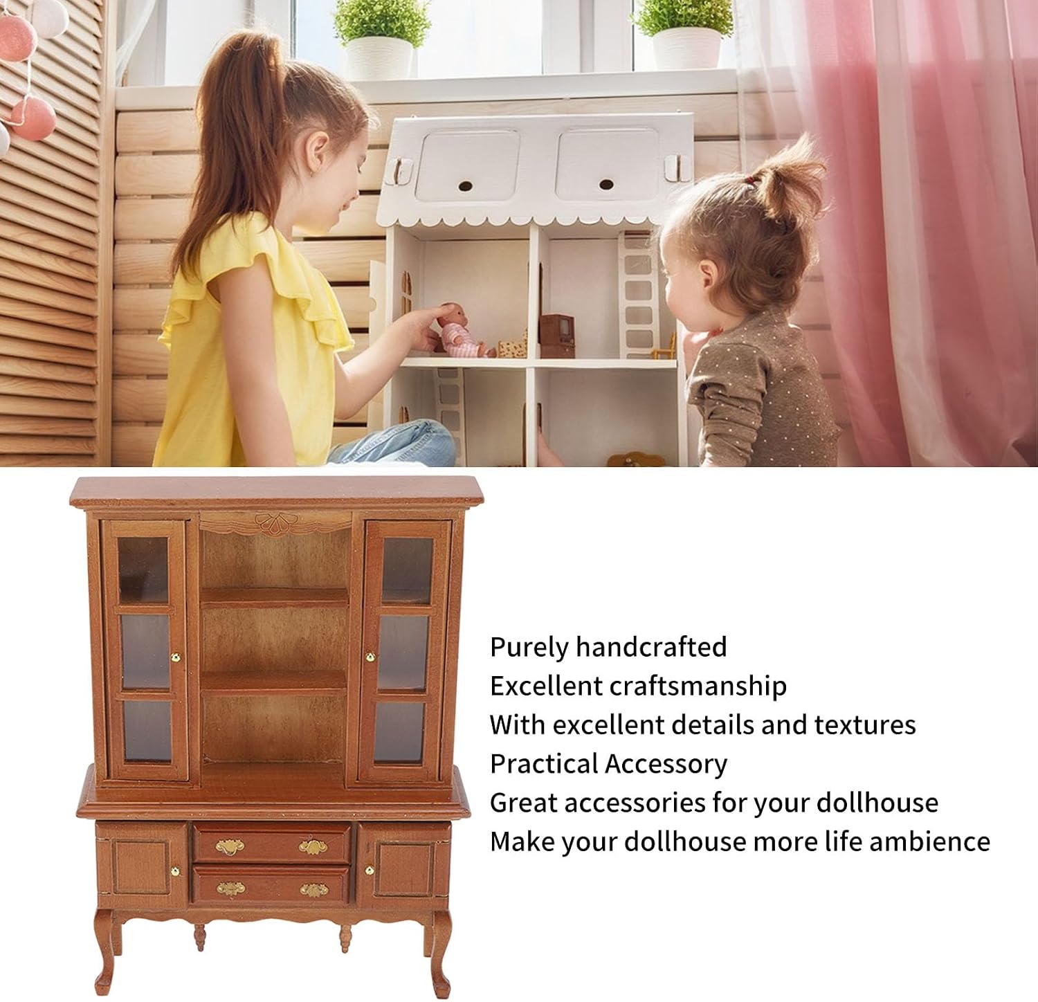 Dollhouse Cabinet, 1:12 Scale Wooden Bookcase Display Shelf, Miniature Furniture with Functional Doors and Drawers for Living Room Decor, Birch Wood