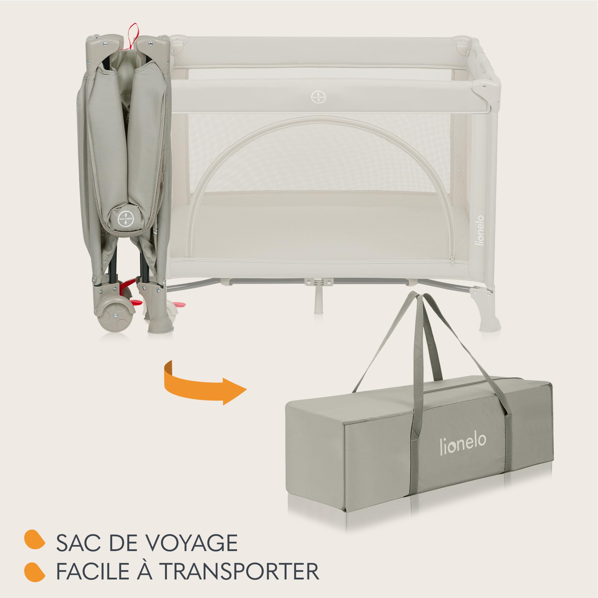LIONELO LAURA 2en1 Lit de Voyage 15 kg Parc bébé 0-36 mois Matelas Mousse T25 2 Niveaux Hauteur Sac de Voyage Roues Frein Beige