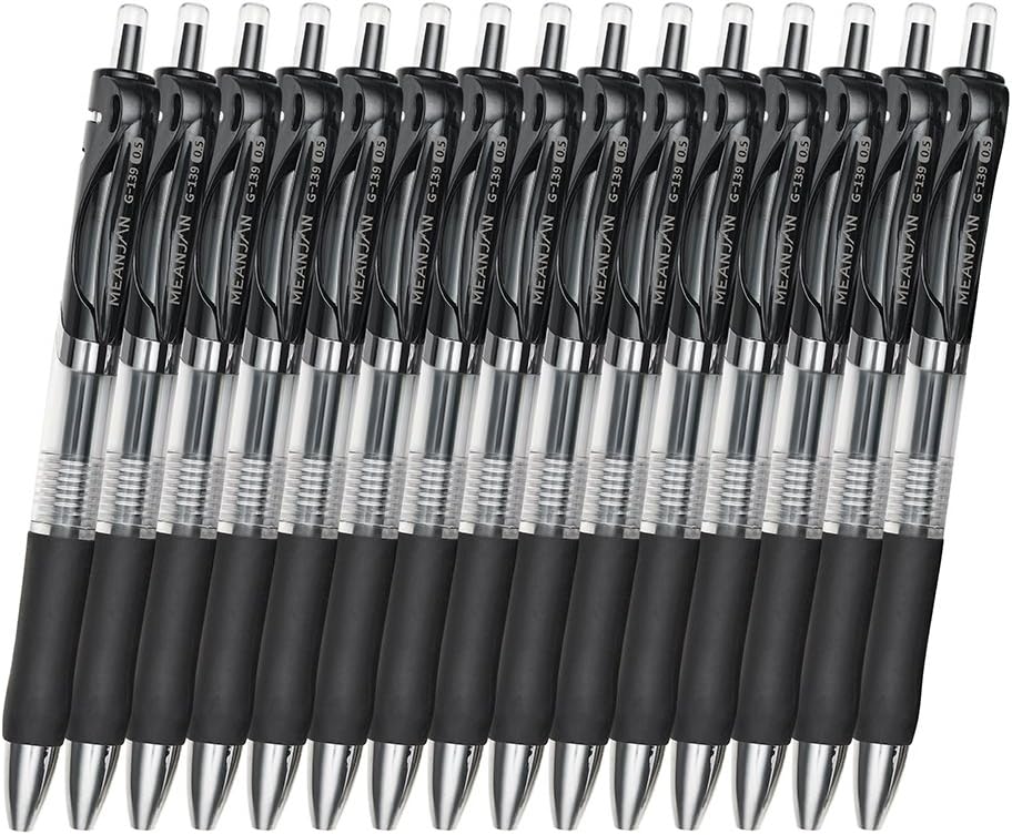 MEANJAN Retractable Gel Ink Roller Ball Pens, Fine Point, 0.5mm, Black Ink, 15-Count