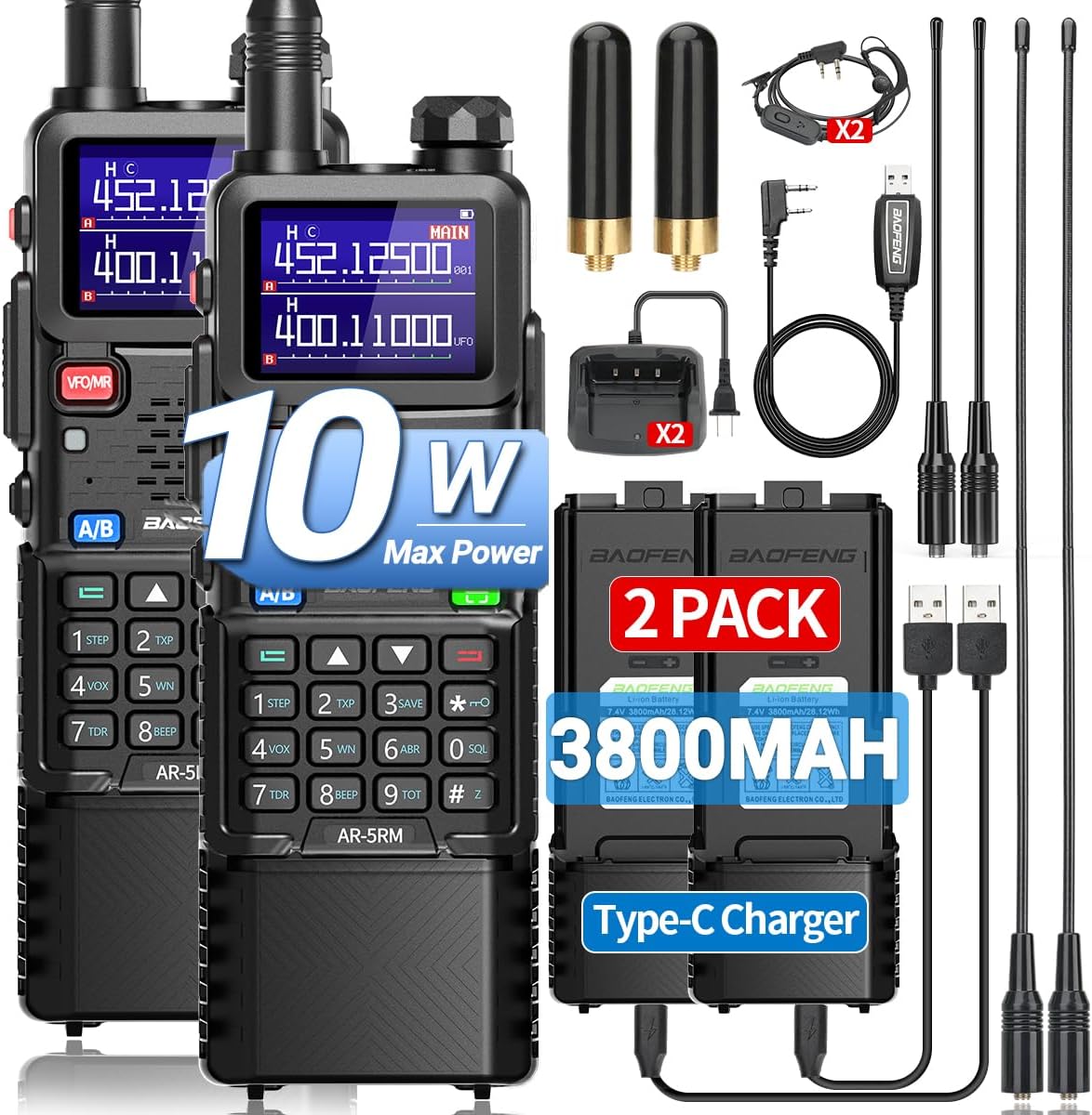 Ham Radio Baofeng Radio10W 5RM FM Radio Handheld Two Way Radio Long RangeAR-5RM NOAA Weather Radio DTMF Walkie Talkies Copy Frequency 999CH USB-C Charger 3800mAh Battery Survival Radio (2 Pack)